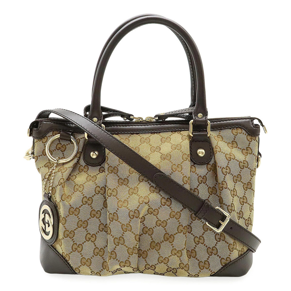 Gucci GG Canvas Sukey Handbag Tote Bag Leather Beige Brown Cream